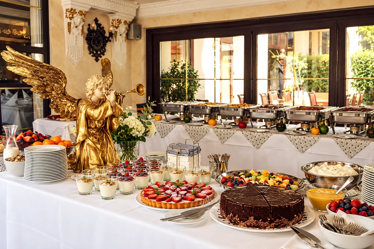 Dessertbuffet mit Kuchen und Dessertgläsern vor dem goldenen Engel