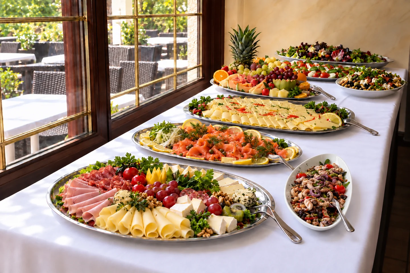 Herzhaftes Brunchbuffet mit Käse, Lachs, Salaten und frischem Obst