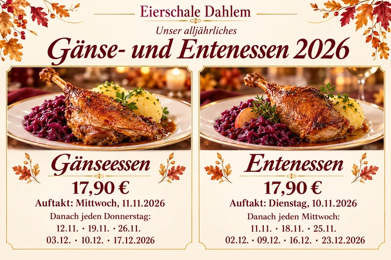 Angebotsflyer Gänse- und Entenessen 2026, jeweils 17,90 Euro; Termine und Reservierungsmöglichkeiten stehen oberhalb als Text