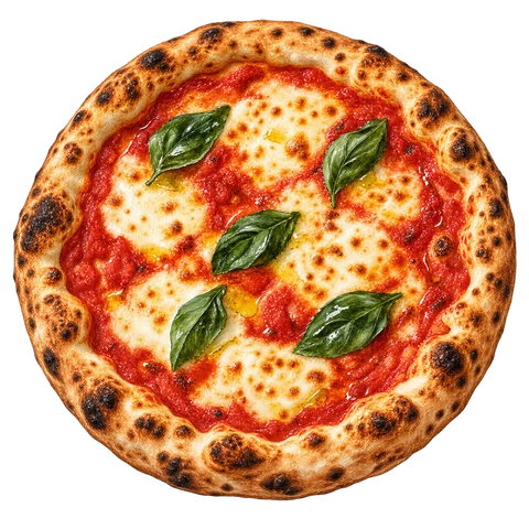Illustration einer goldbraun gebackenen Pizza mit Mozzarella, Tomaten und Basilikum