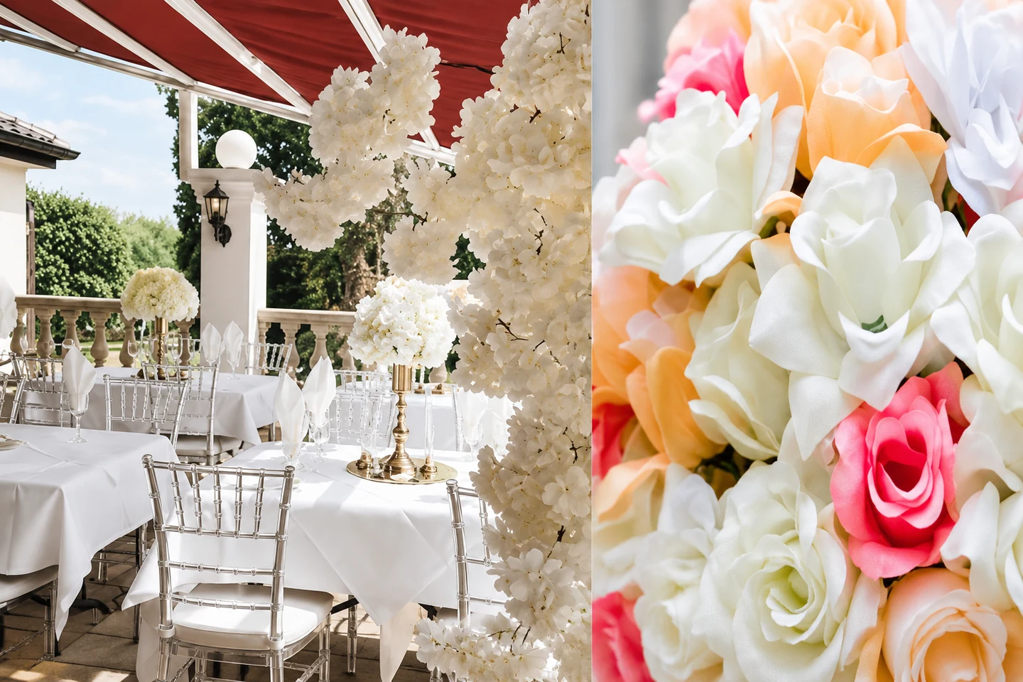 Bearbeitete Collage: festlich gedeckte Terrasse und farbenfrohe Blumendekoration